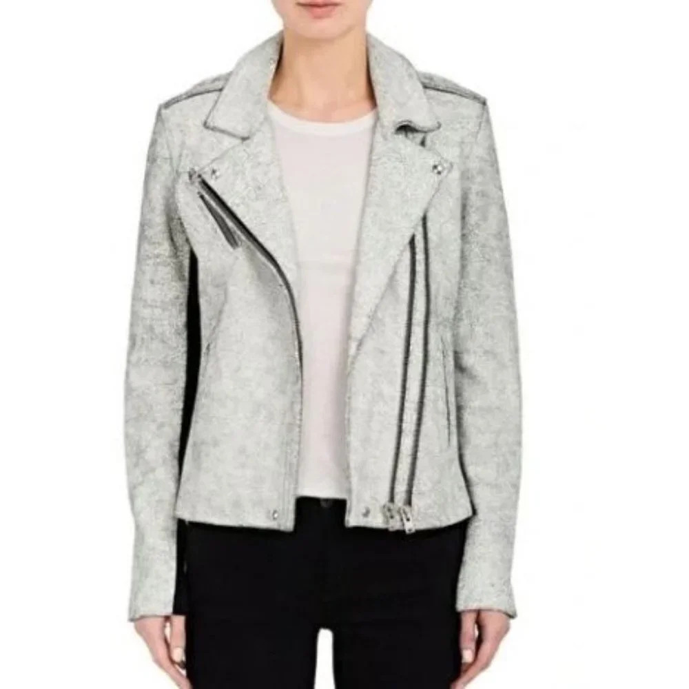 IRO Ilaria Ribbed Knit-Paneled Cracked Lamb Leather Biker Moto Jacket-sz…